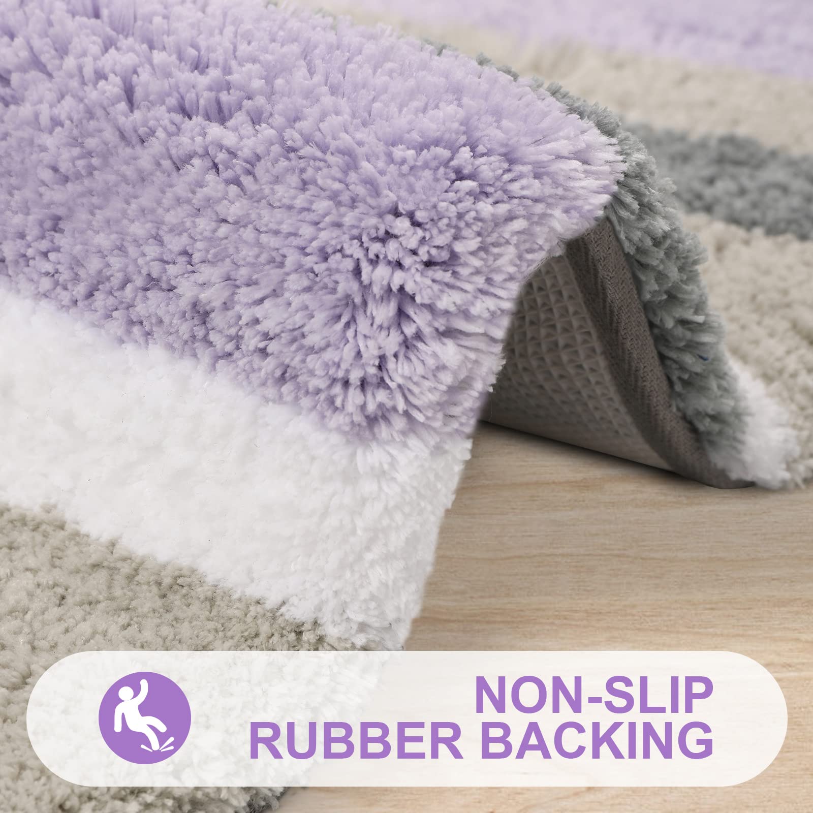 Buganda Microfiber Striped Bathroom Rugs Bath Mat  Extra Thick  Soft and Shaggy  Absorbent  Machine Washable  Anti-Slip Bath Rugs for Bathroom  Tub and Shower  47x24  Purple-Grey